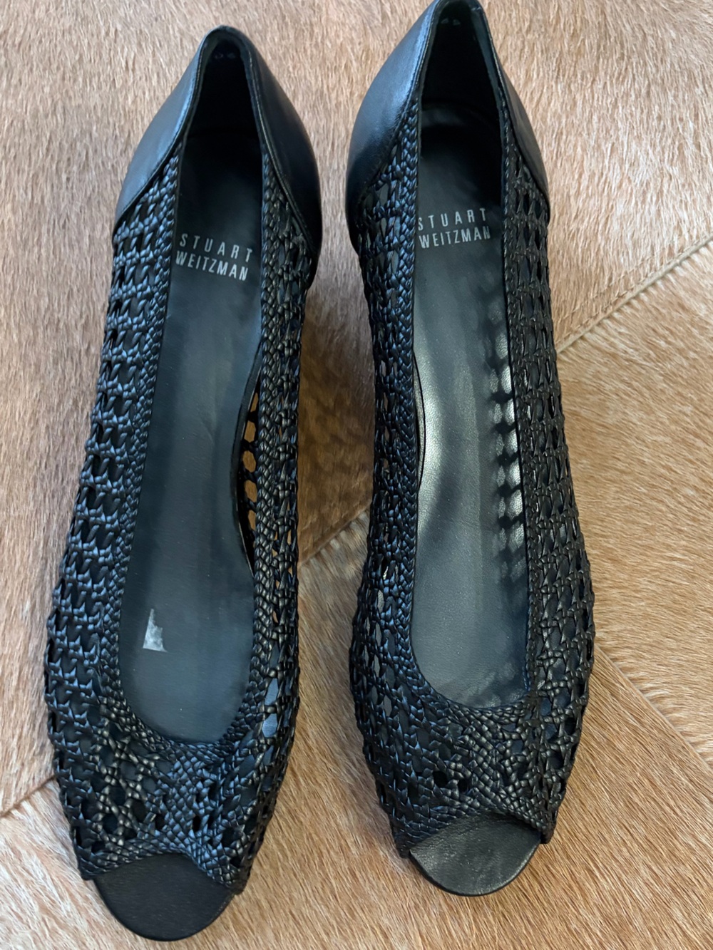 Stuart Weitzman Black Woven Peep-Toe Flats - Breathable Leather Trim